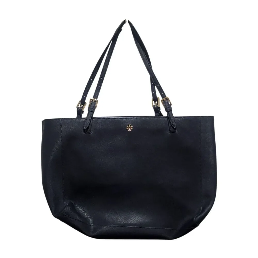 Tory Burch‎ Navy Saffiano Leather Tote Bag Gold Logo Classic Work Shopper